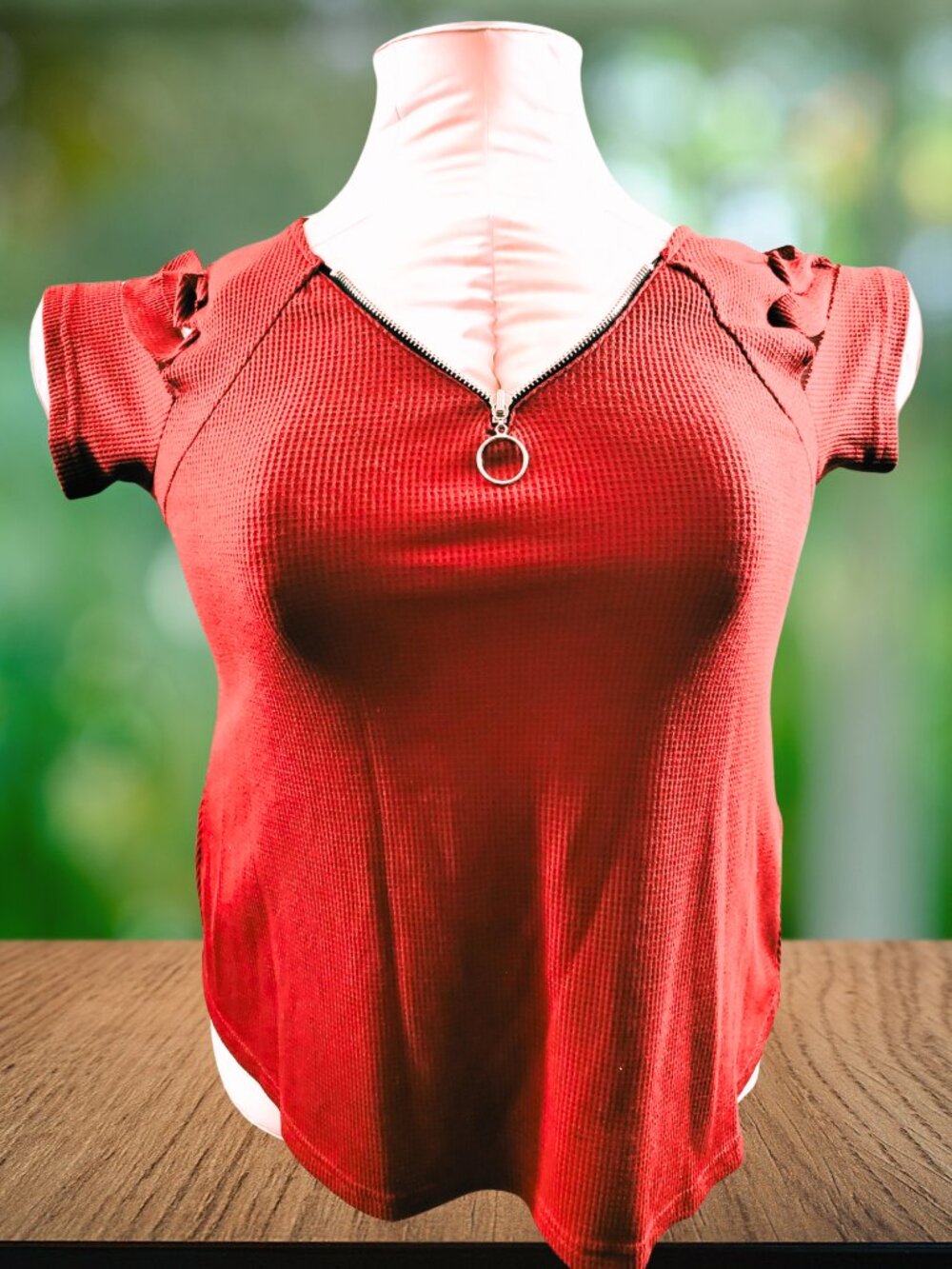 Trendy Red Zip Neck Top XL | Textured Knit w/ Ripped Sleeve Accents